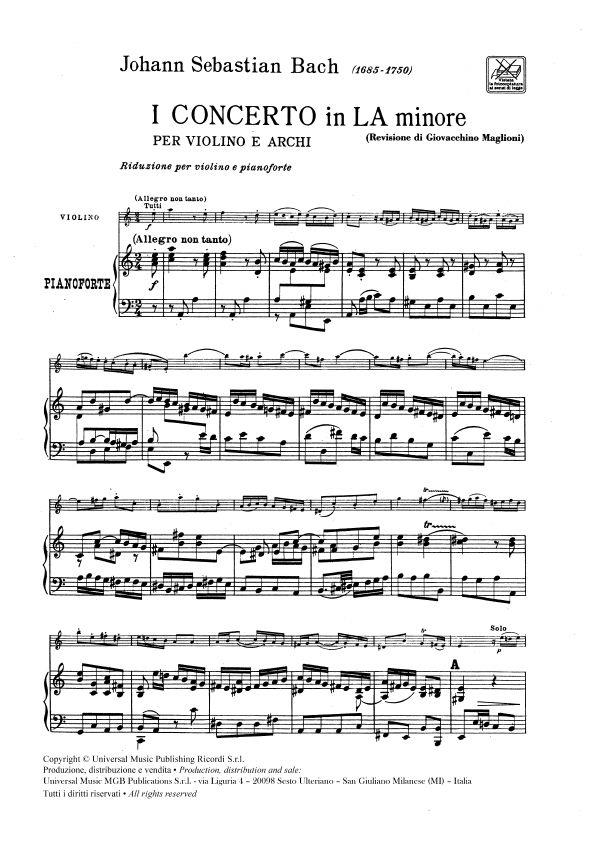 Concerto Per Violino Bwv 1041 In La Min. - Riduzione Per Violino E Pianoforte - housle a klavír